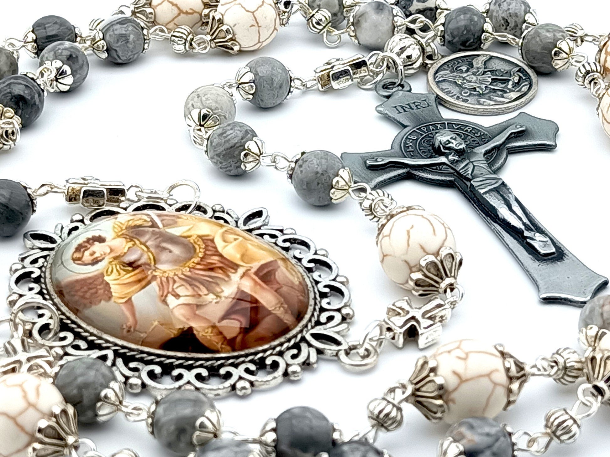 Saint Michael unique rosary beads prayer chaplet with labradorite gemstone beads, pewter crucifix and large picture centre medal.