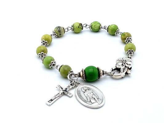 Saint Peregrine unique rosary beads single decade rosary bracelet with green jasper gemstone beads and silver flower lobster clasp.