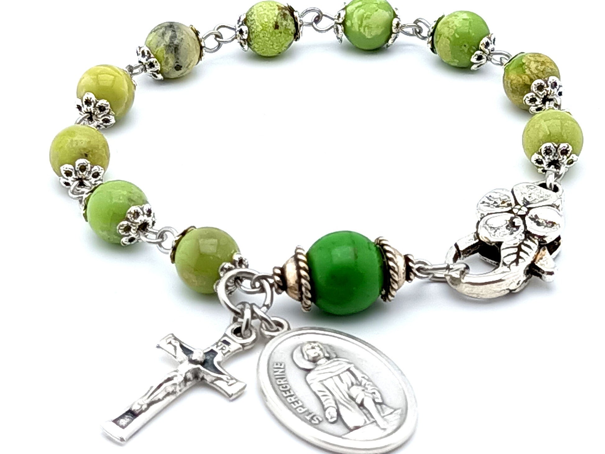 Saint Peregrine unique rosary beads single decade rosary bracelet with green jasper gemstone beads and silver flower lobster clasp.