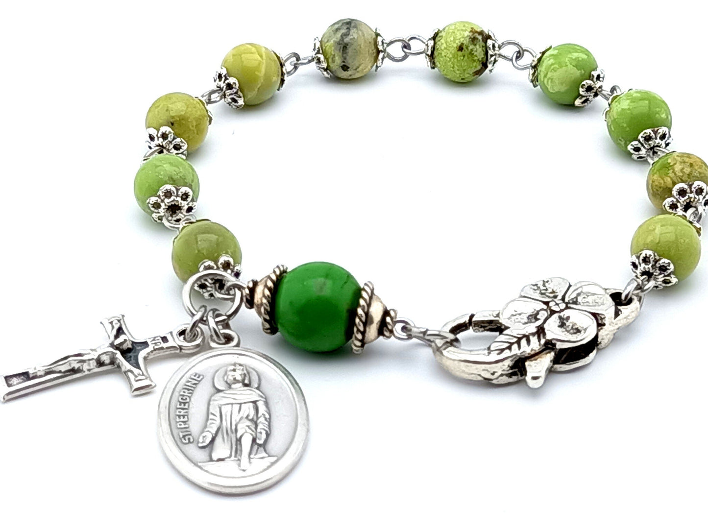 Saint Peregrine unique rosary beads single decade rosary bracelet with green jasper gemstone beads and silver flower lobster clasp.