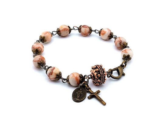 Miraculous medal unique rosary beads single decade rosary bracelet with dragon blood gemstone beads, bronze crucifix, medal and lobster clasp.