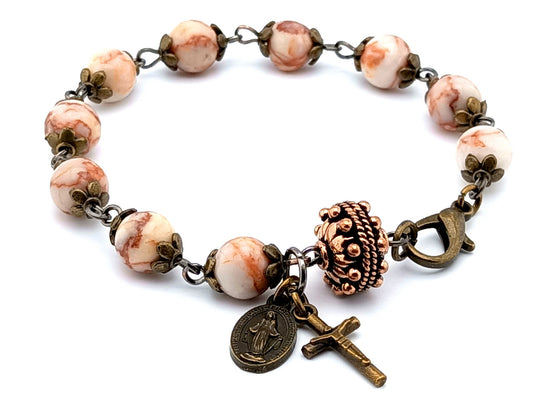 Miraculous medal unique rosary beads single decade rosary bracelet with dragon blood gemstone beads, bronze crucifix, medal and lobster clasp.