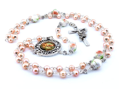 Mary and Child unique rosary beads with freshwater pearl beads, porcelain pater beads, silver crucifix and picture centre medal.