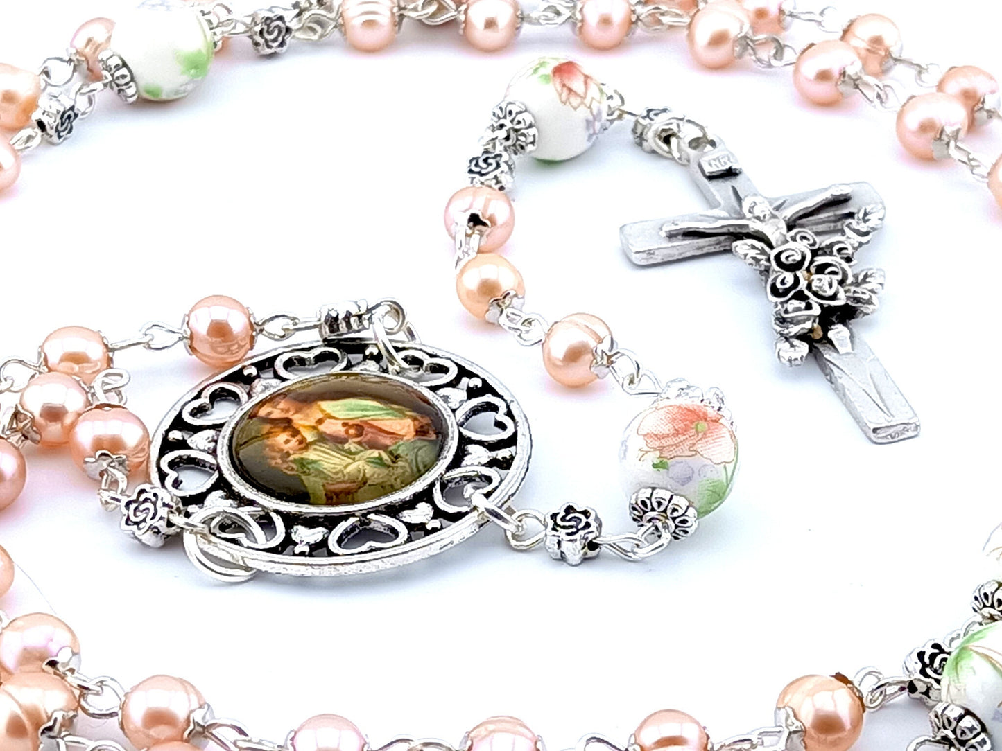 Mary and Child unique rosary beads with freshwater pearl beads, porcelain pater beads, silver crucifix and picture centre medal.