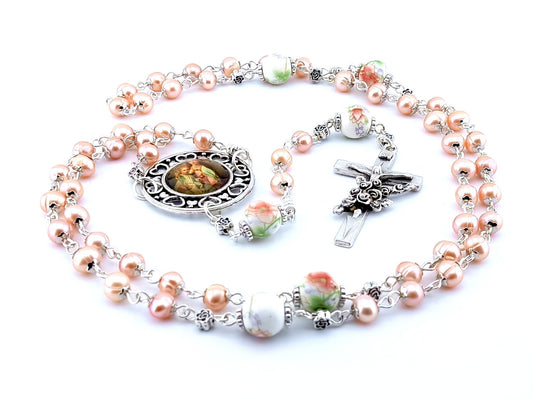 Mary and Child unique rosary beads with freshwater pearl beads, porcelain pater beads, silver crucifix and picture centre medal.