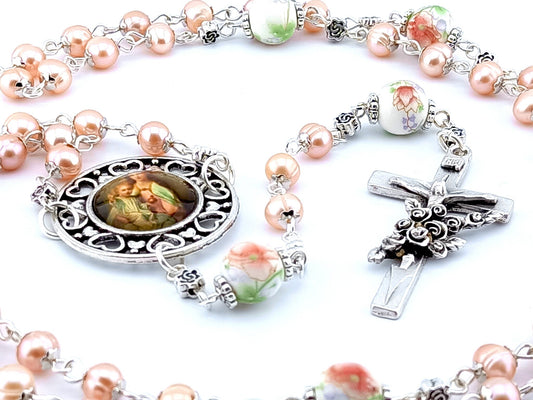 Mary and Child unique rosary beads with freshwater pearl beads, porcelain pater beads, silver crucifix and picture centre medal.