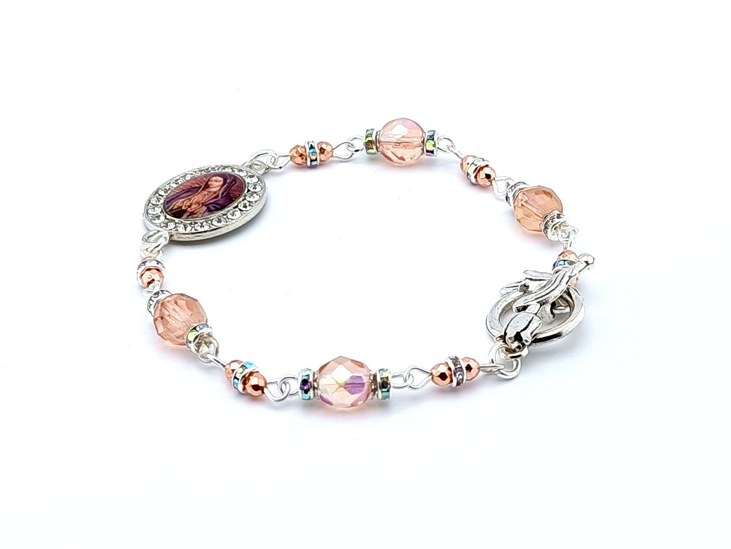 Our Lady of Guadalupe unique rosary beads bracelet with amber glass beads, silver clasp and picture medal.