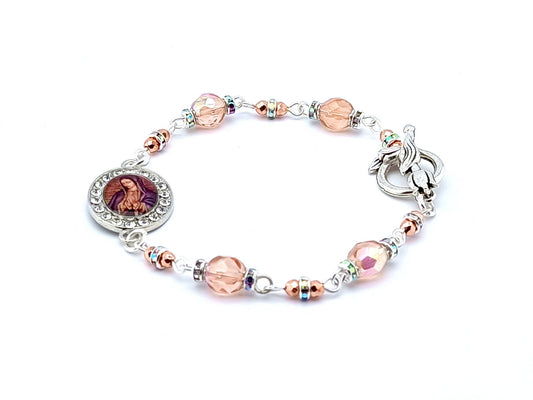 Our Lady of Guadalupe unique rosary beads bracelet with amber glass beads, silver clasp and picture medal.