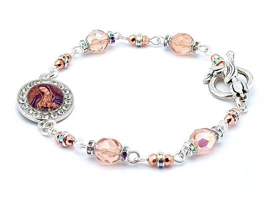 Our Lady of Guadalupe unique rosary beads bracelet with amber glass beads, silver clasp and picture medal.