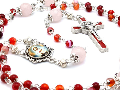 Maria Rosa Mystica unique rosary beads with red agate and opal gemstone beads, red and silver enamel crucifix and picture centre medal.