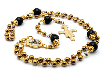 Saint Michael unique rosary beads with gold and onyx gemstone beads, golden crucifix and picture centre medal.