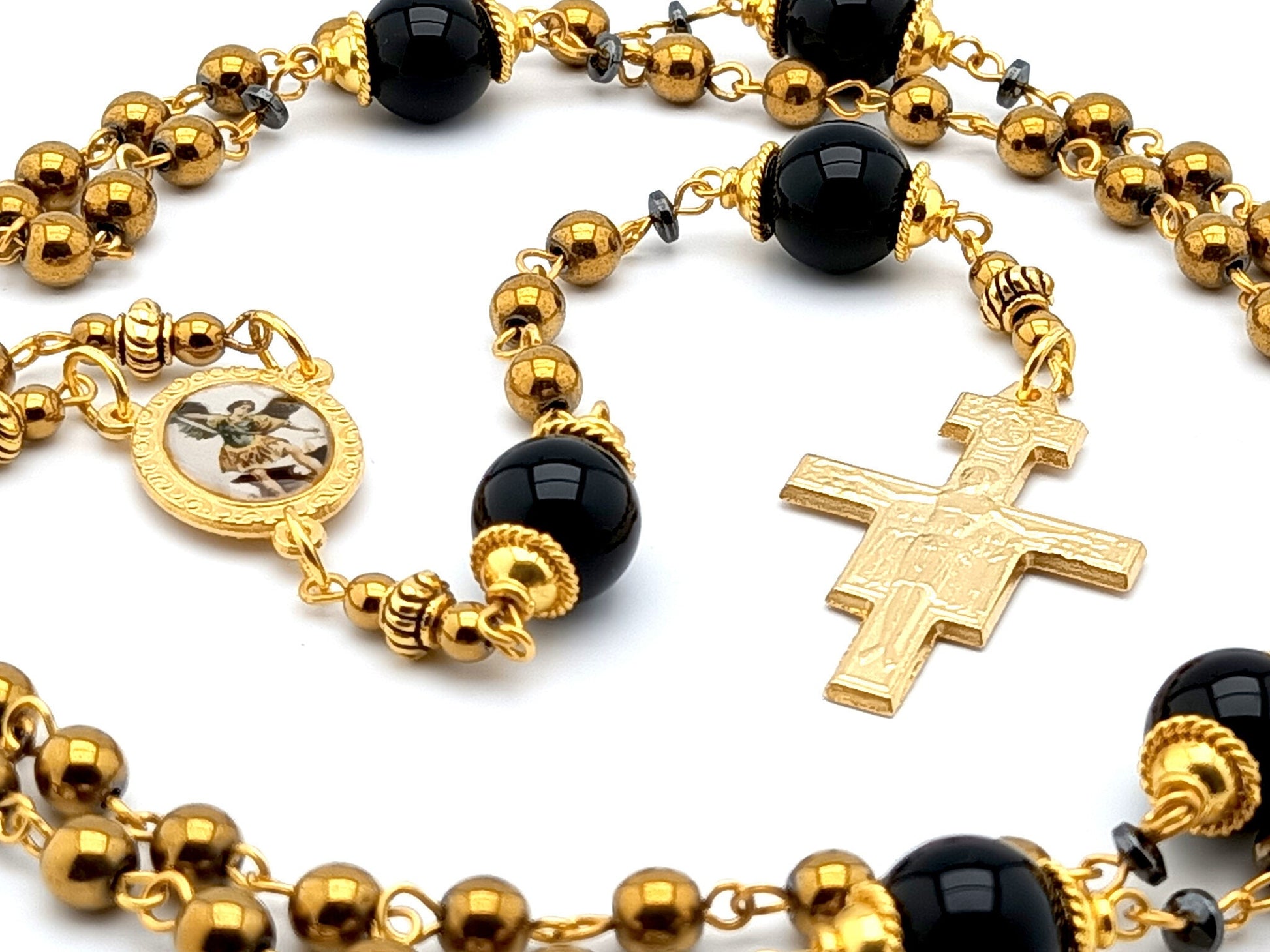 Saint Michael unique rosary beads with gold and onyx gemstone beads, golden crucifix and picture centre medal.