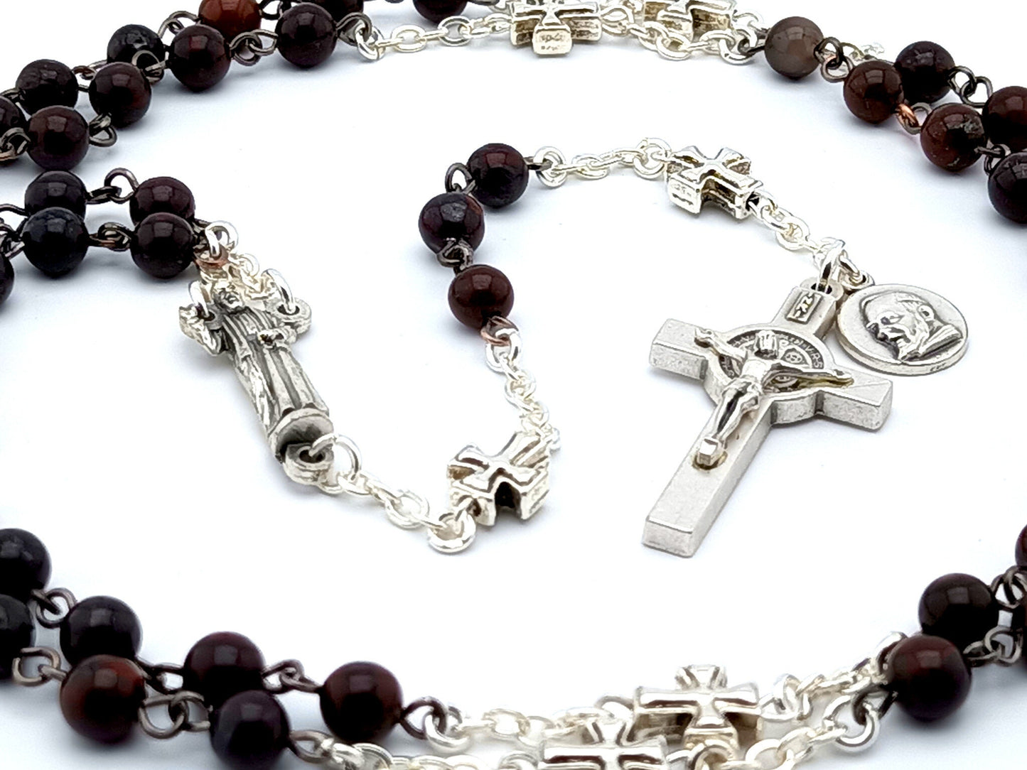Saint Padre Pio unique rosary beads with deep red gemstone beads, silver pater beads, crucifix and statue centre medal.