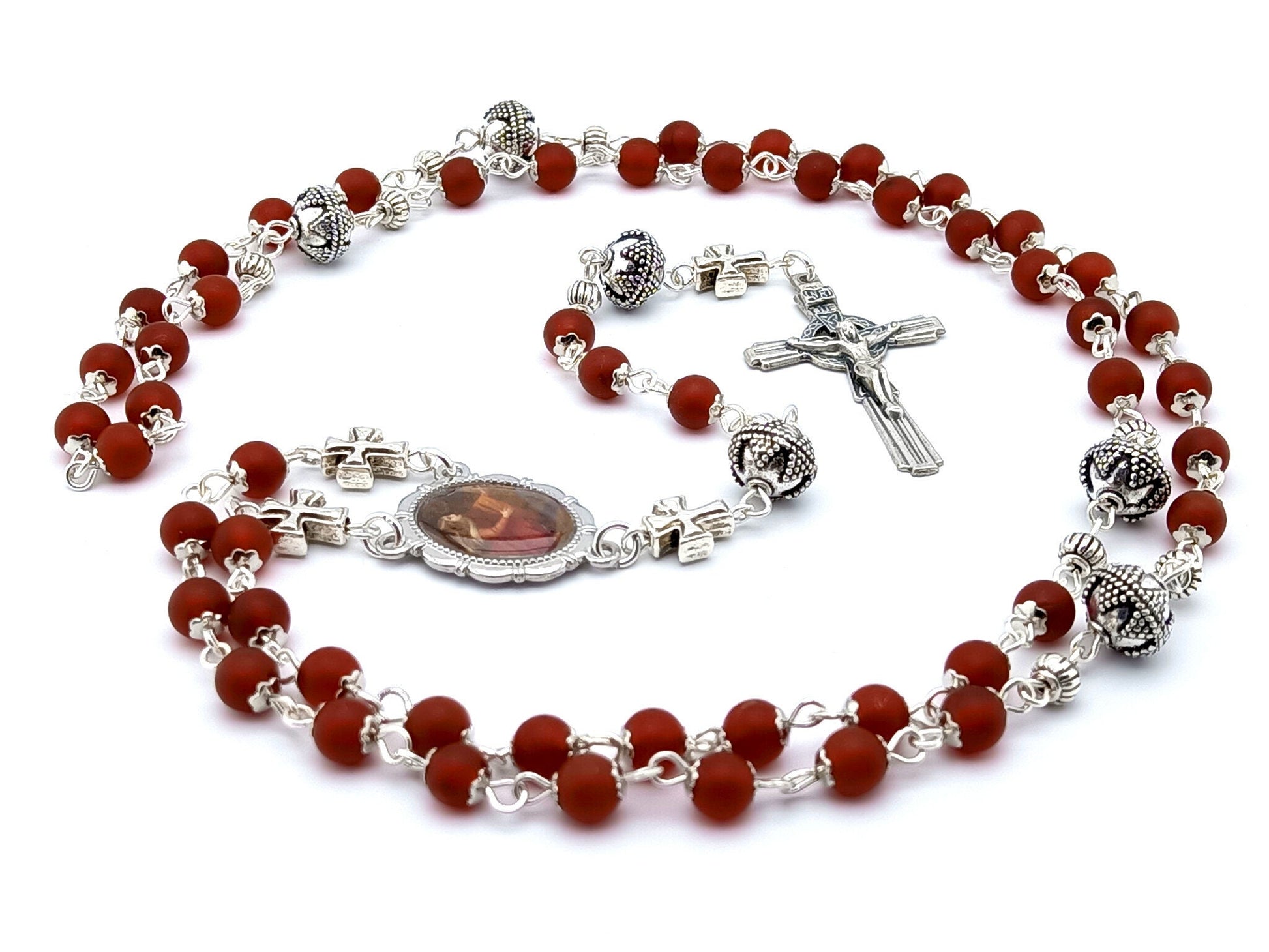Saint Mary Magdalene unique rosary beads with red agate gemstone beads, silver pater beads, crucifix and picture centre medal.