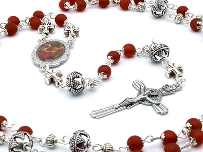 Saint Mary Magdalene unique rosary beads with red agate gemstone beads, silver pater beads, crucifix and picture centre medal.