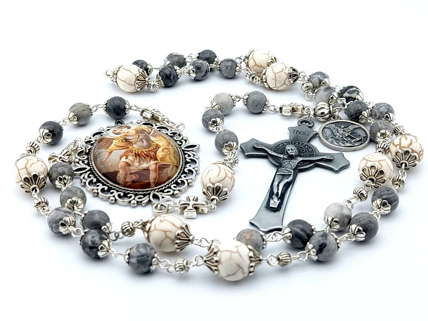 Saint Michael unique rosary beads prayer chaplet with labradorite gemstone beads, pewter crucifix and large picture centre medal.