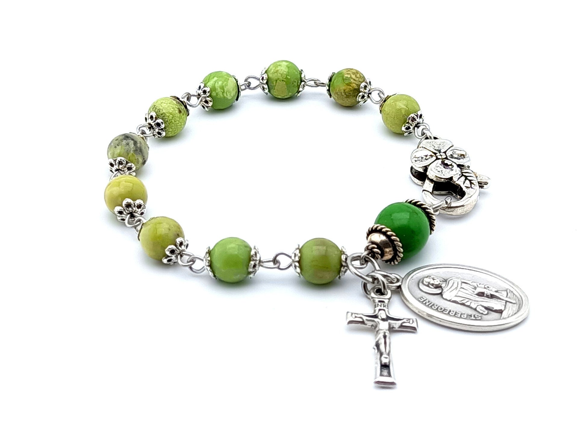 Saint Peregrine unique rosary beads single decade rosary bracelet with green jasper gemstone beads and silver flower lobster clasp.