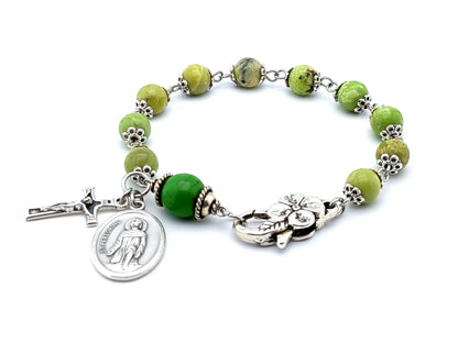 Saint Peregrine unique rosary beads single decade rosary bracelet with green jasper gemstone beads and silver flower lobster clasp.