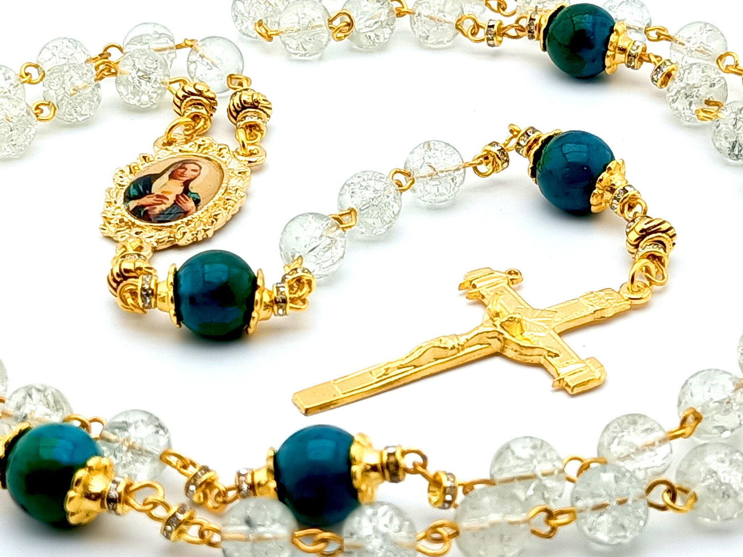 Immaculate Heart of Mary unique rosary beads with clear glass and chrysocolla gemstone beads, golden crucifix and picture centre medal.