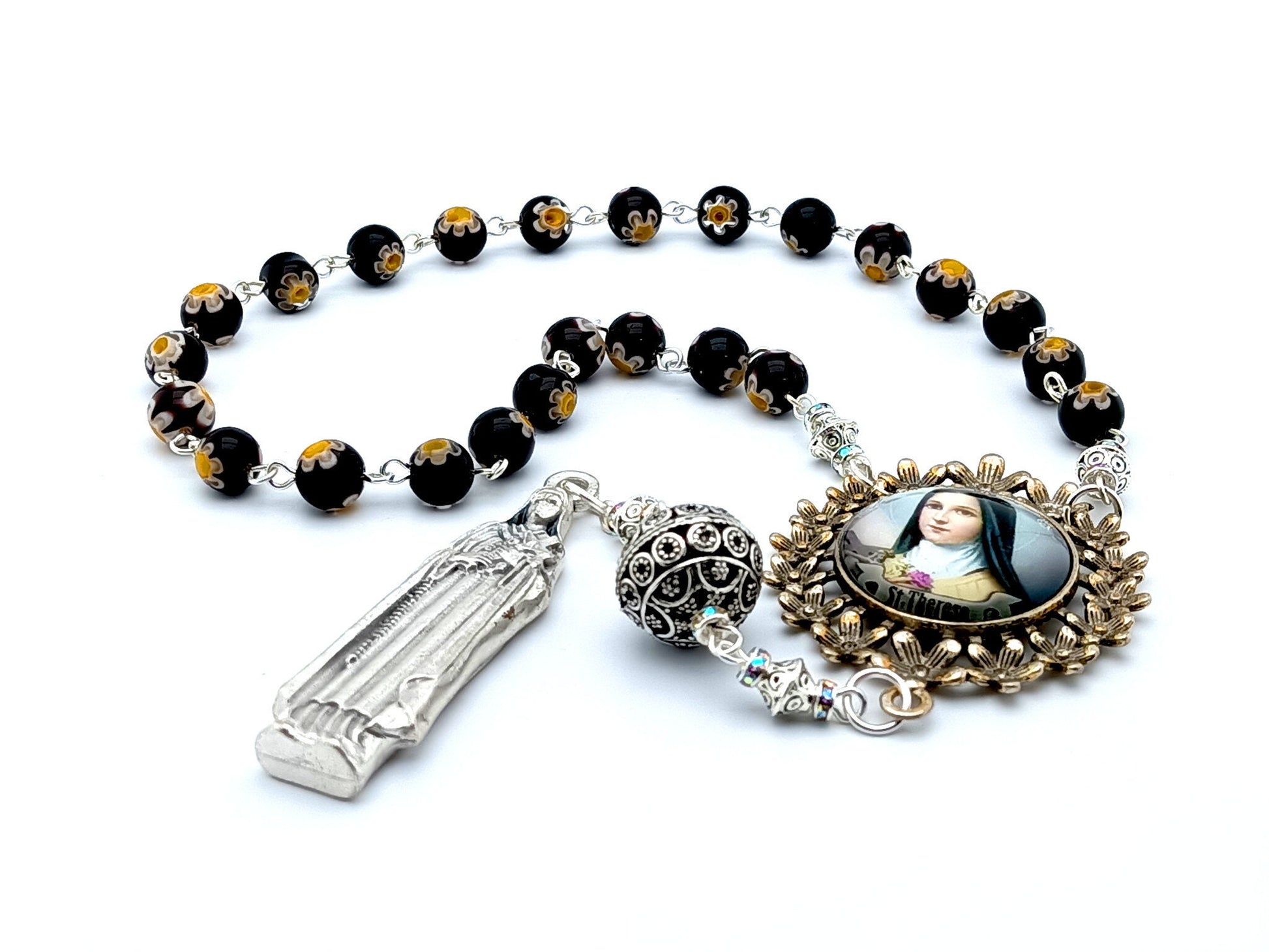 Saint Therese of Lisieux unique rosary beads prayer chaplet with flower glass beads, silver stature end medal and antiqued picture centre medal.