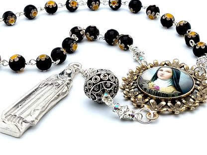 Saint Therese of Lisieux unique rosary beads prayer chaplet with flower glass beads, silver stature end medal and antiqued picture centre medal.