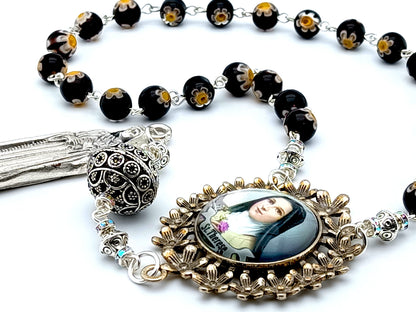 Saint Therese of Lisieux unique rosary beads prayer chaplet with flower glass beads, silver stature end medal and antiqued picture centre medal.