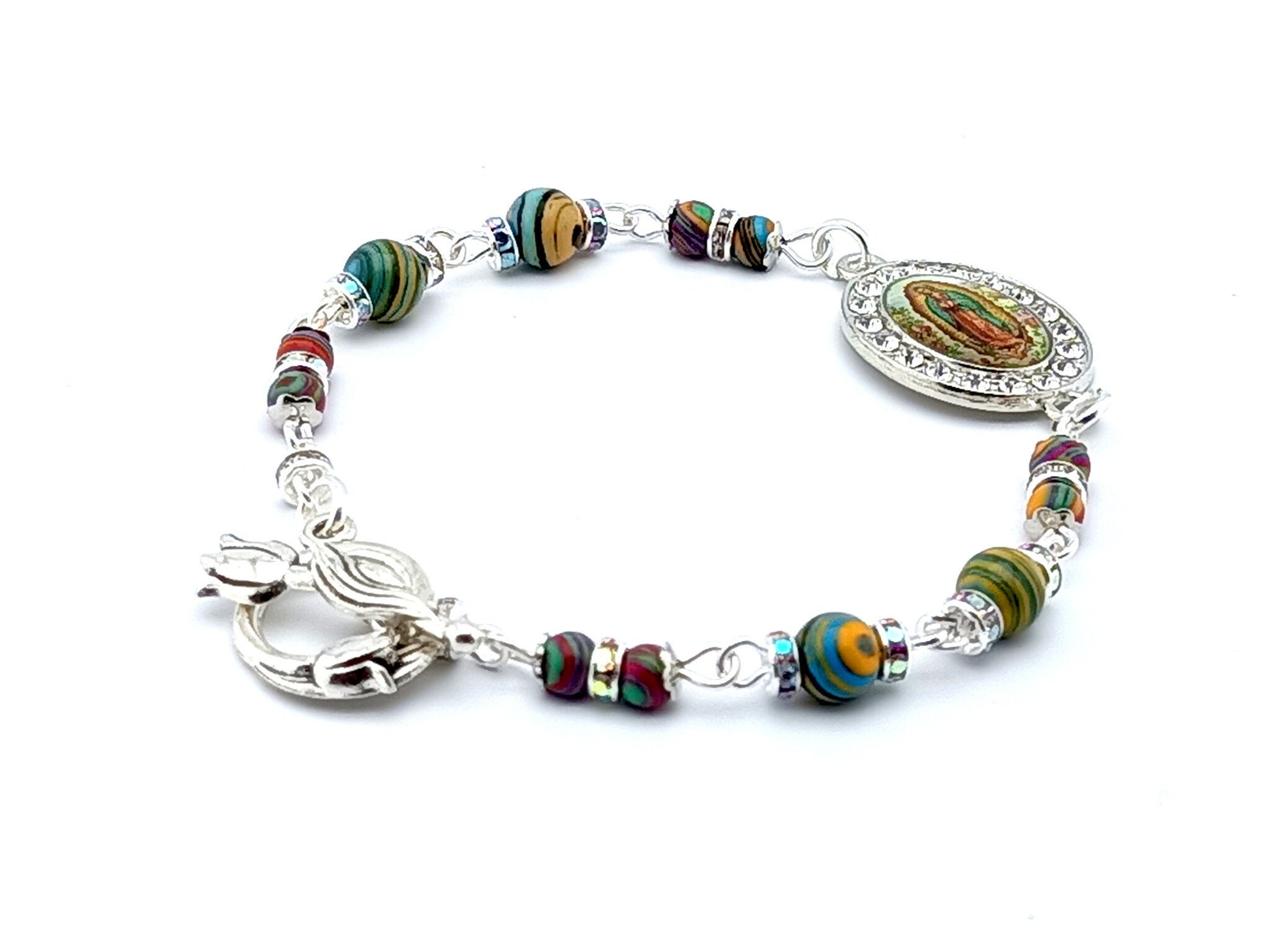 Our Lady of Guadalupe unique rosary beads with multicoloured gemstone beads, silver clasp and picture medal.