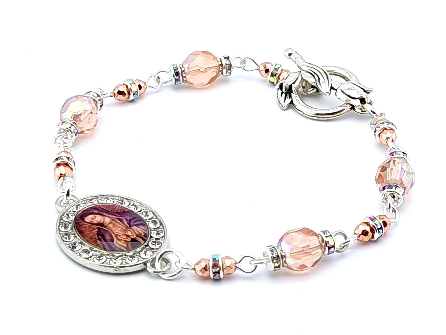 Our Lady of Guadalupe unique rosary beads bracelet with amber glass beads, silver clasp and picture medal.