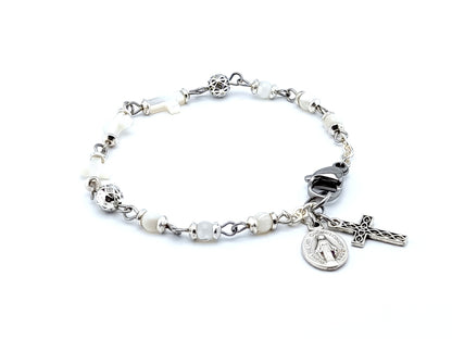 Three Hail Mary unique rosary beads prayer beads bracelet with mother of pearl and silver beads, stainless steel clasp, silver cross and miraculous medal.