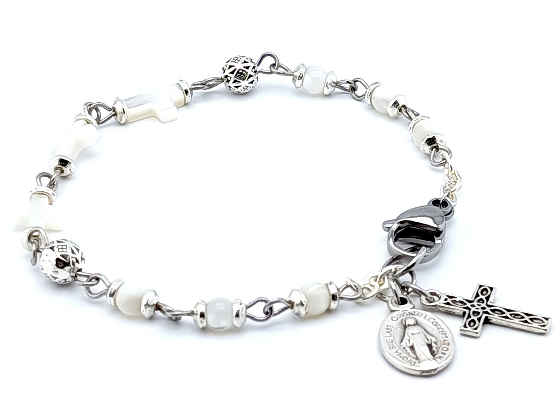 Three Hail Mary unique rosary beads prayer beads bracelet with mother of pearl and silver beads, stainless steel clasp, silver cross and miraculous medal.