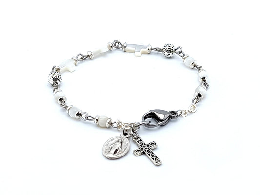 Three Hail Mary unique rosary beads prayer beads bracelet with mother of pearl and silver beads, stainless steel clasp, silver cross and miraculous medal.