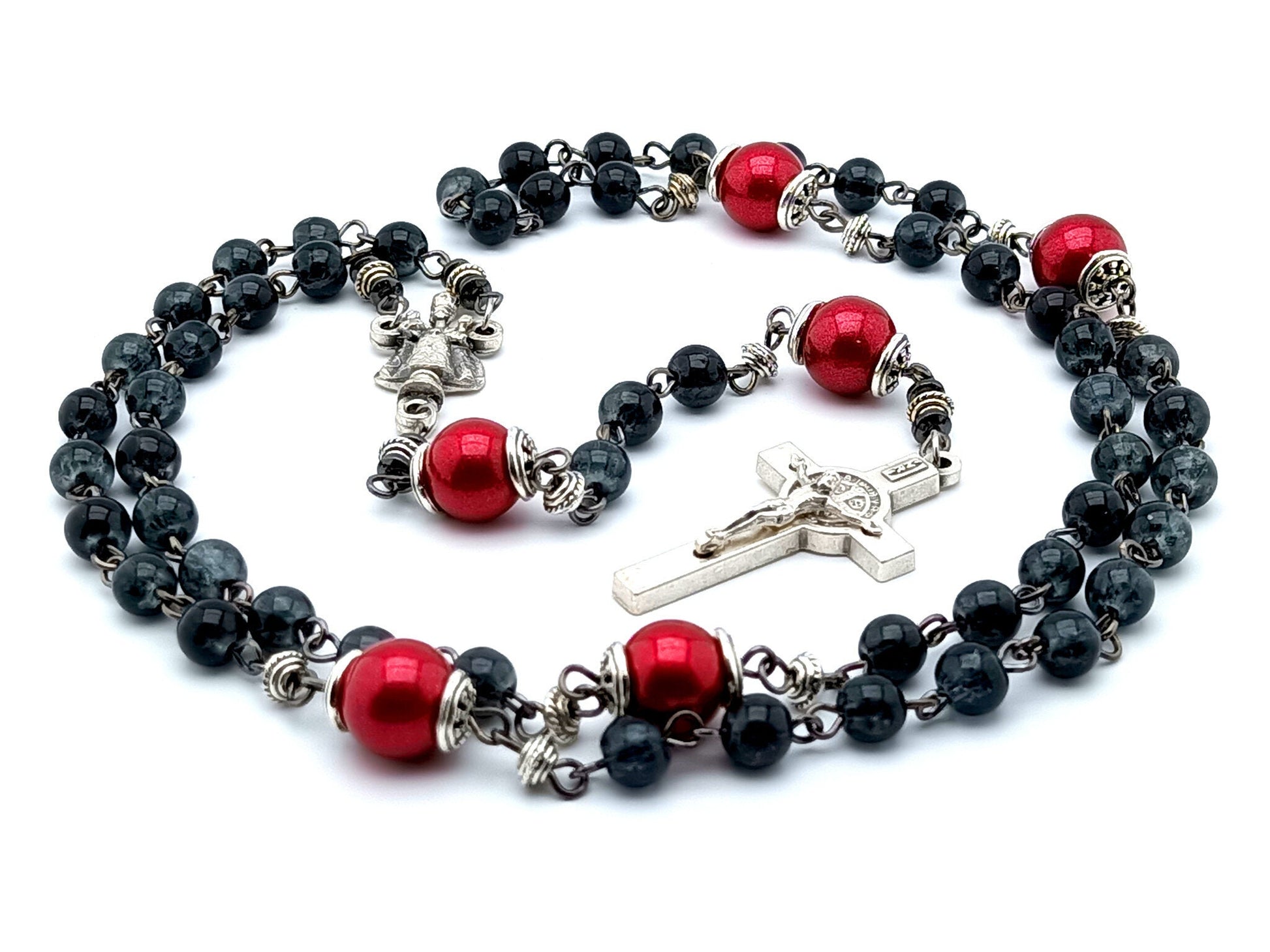 Infant of Prague unique rosary beads with black and red glass beads, silver Saint Benedict crucifix and centre medal.