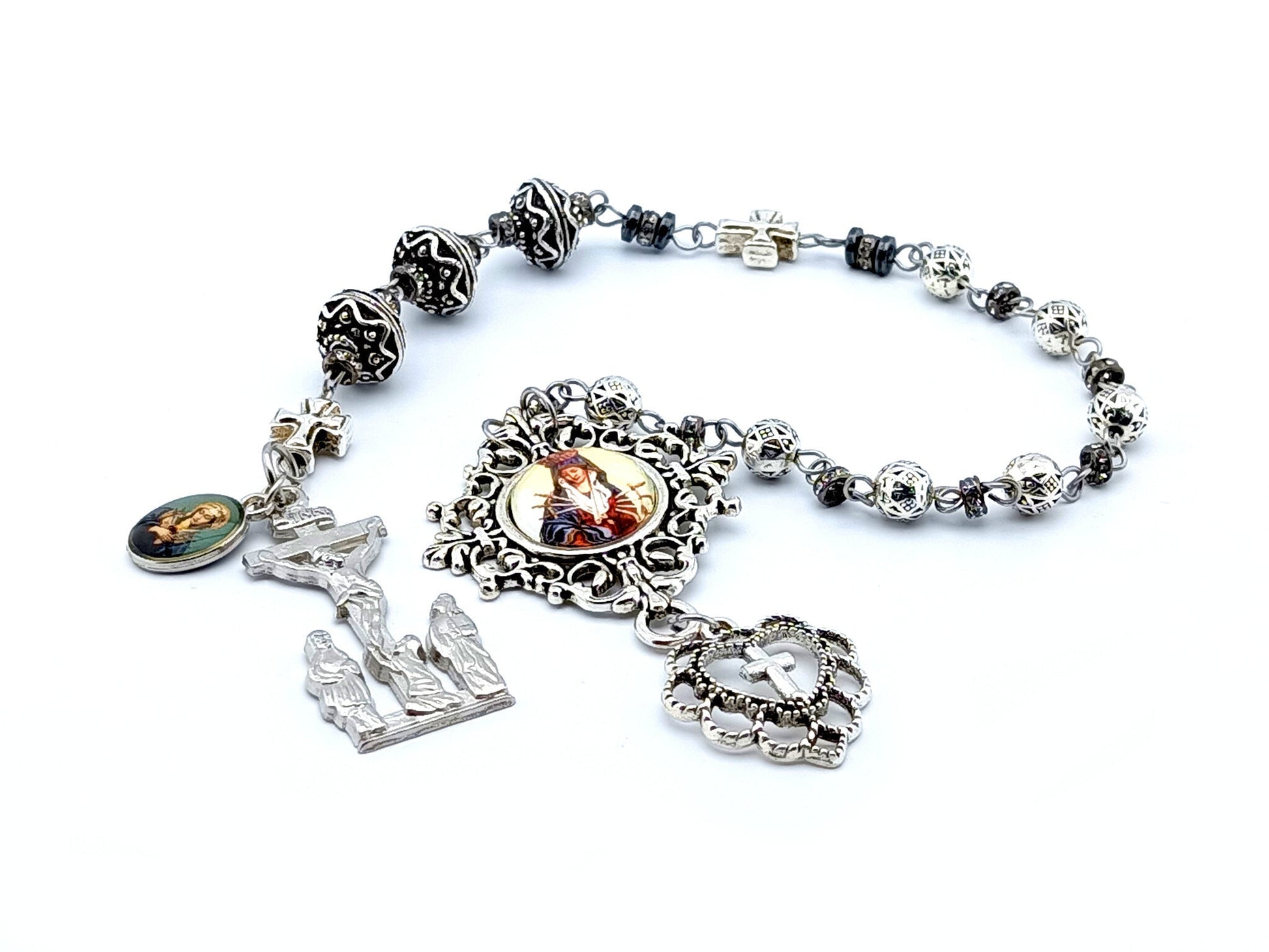 Our Lady of Sorrows unique rosary beads dolor servite rosary with silver metal beads, picture centre medal and two Marys crucifix.