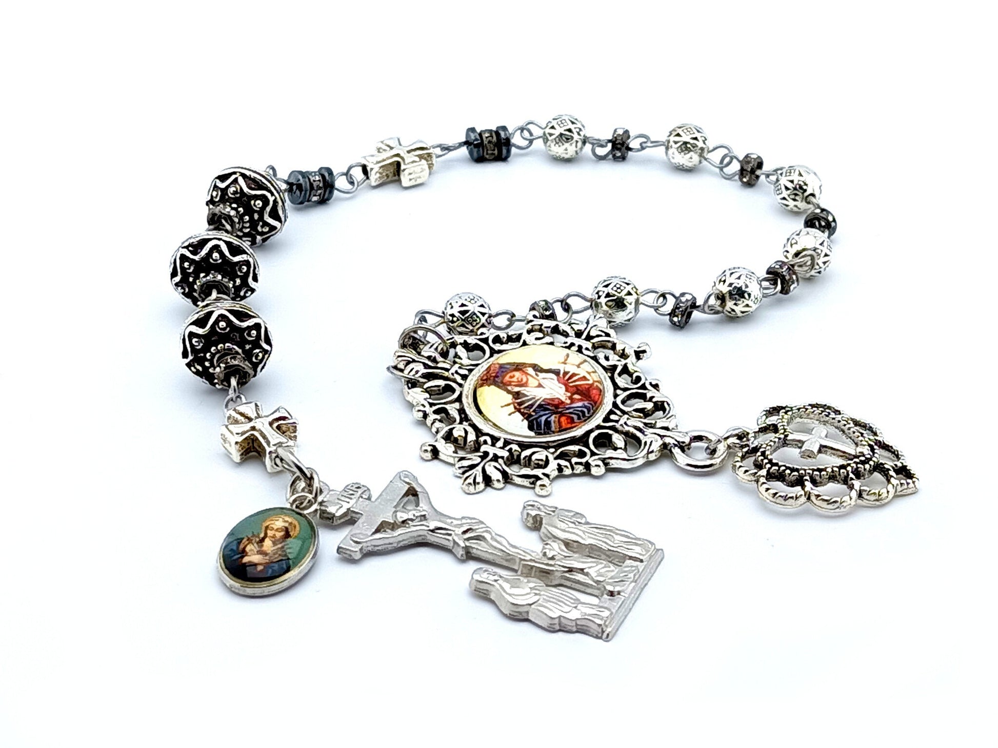 Our Lady of Sorrows unique rosary beads dolor servite rosary with silver metal beads, picture centre medal and two Marys crucifix.