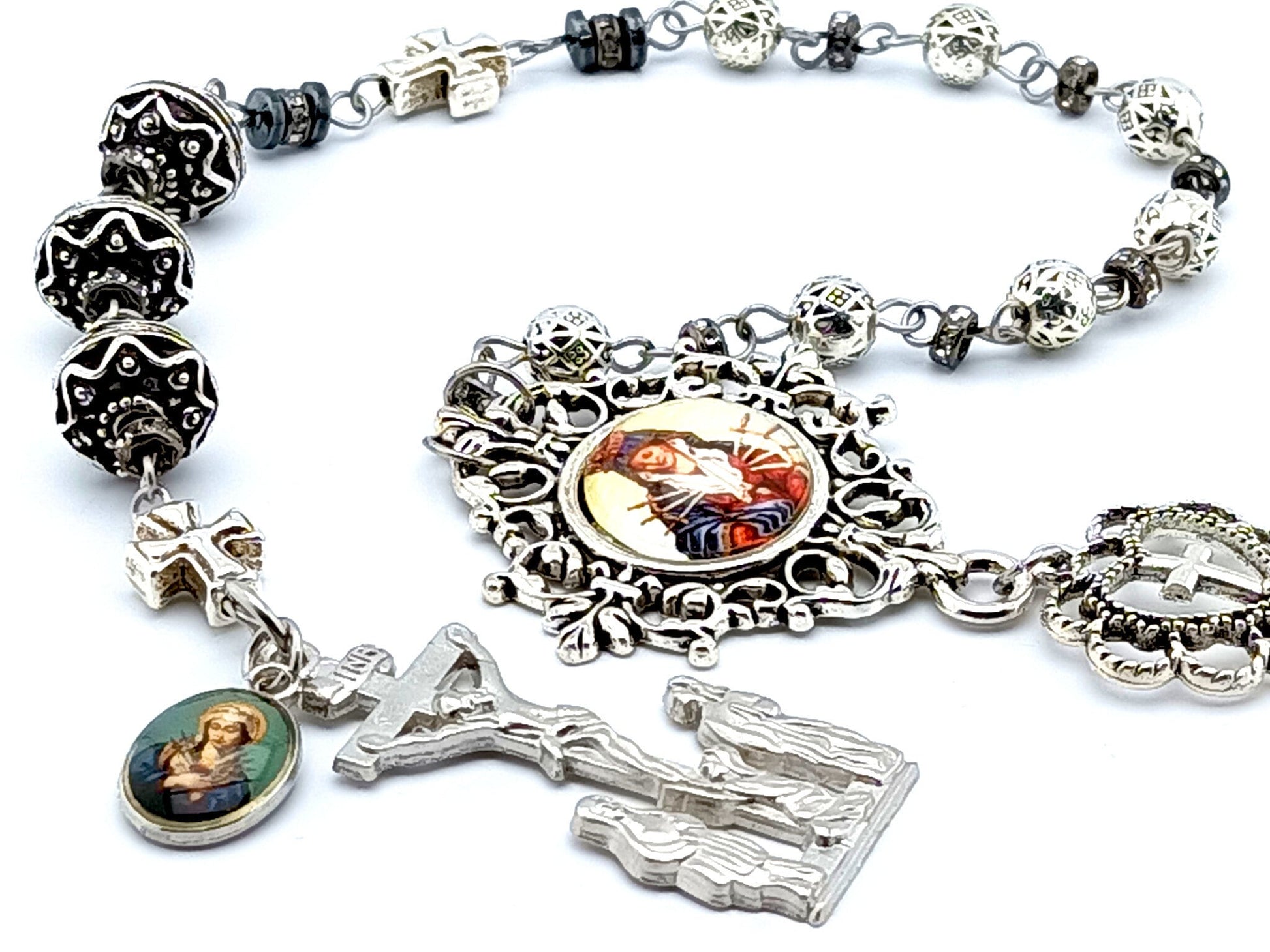 Our Lady of Sorrows unique rosary beads dolor servite rosary with silver metal beads, picture centre medal and two Marys crucifix.