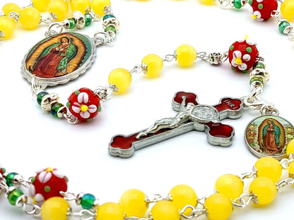 Our Lady of Guadalupe unique rosary beads with yellow tigers eye glass beads, red enamel crucifix, picture centre medal and red and white flower glass pater beads.