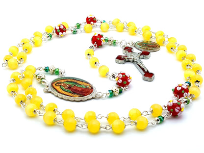 Our Lady of Guadalupe unique rosary beads with yellow tigers eye glass beads, red enamel crucifix, picture centre medal and red and white flower glass pater beads.