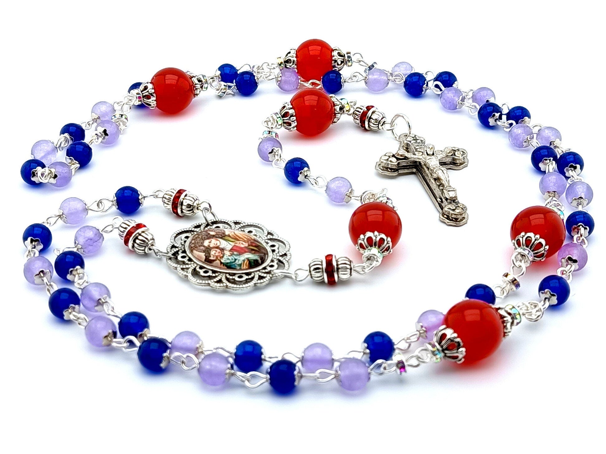 Saint Ann unique rosary beads with sapphire alexandrite and red jade beads, silver hearts crucifix and picture centre medal.