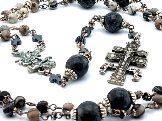 Saint Michael unique rosary beads with labradorite gemstone beads, Caravaca crucifix, metal centre medal and large veined black jade pater beads.