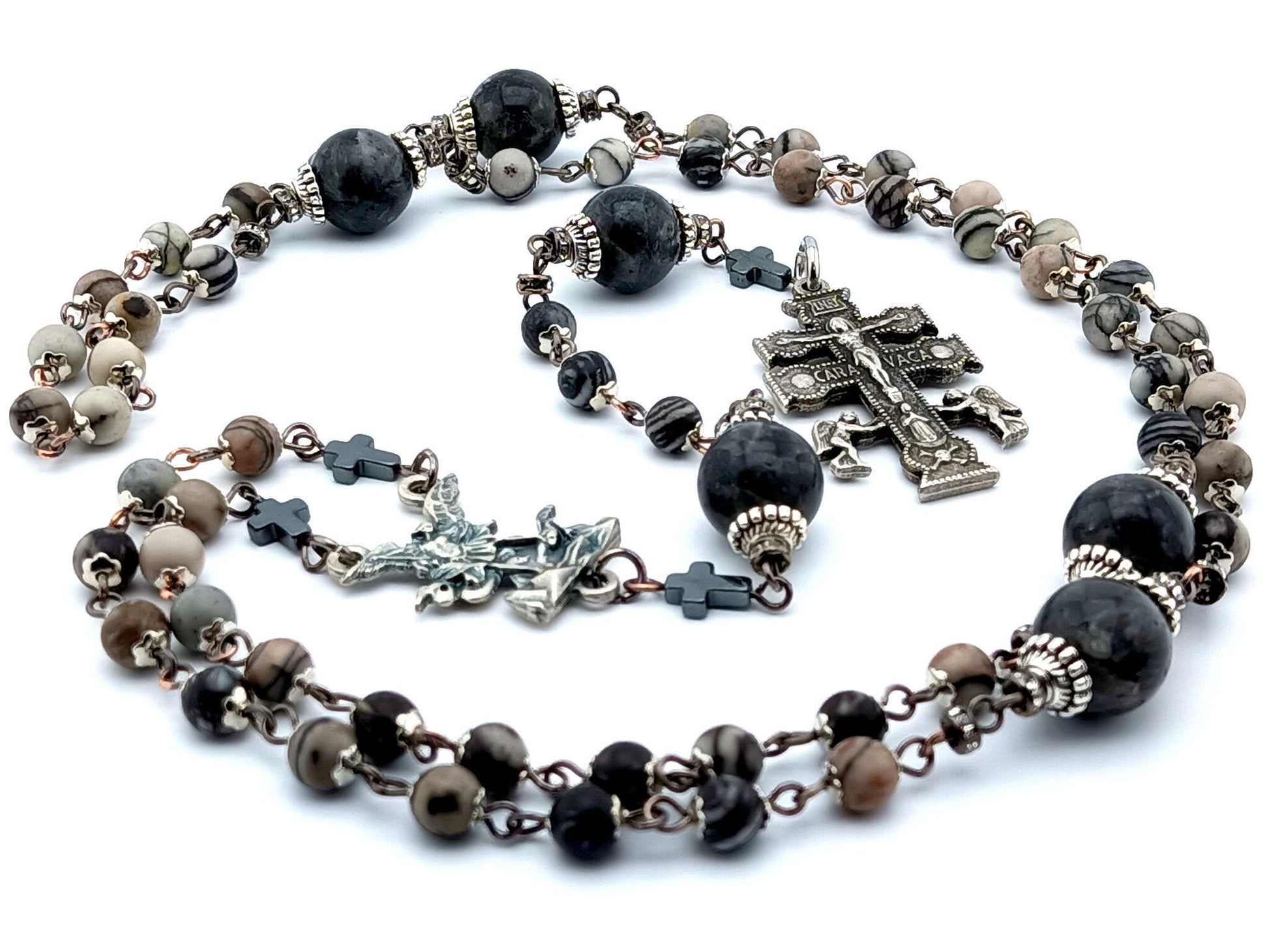 Saint Michael unique rosary beads with labradorite gemstone beads, Caravaca crucifix, metal centre medal and large veined black jade pater beads.