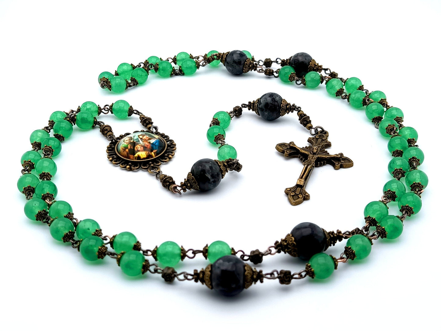 Holy Family unique rosary beads with green jade gemstone beads, bronze crucifix, picture centre medal and labradorite pater beads.