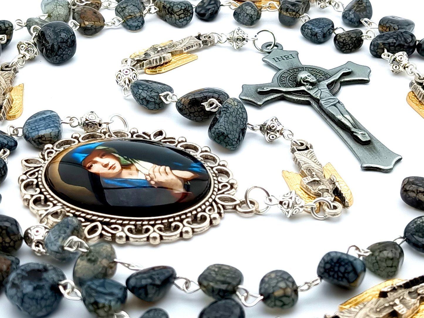 Our Lady of Sorrows unique rosary beads with quartz gemstone beads, pewter Saint Benedict crucifix, angel pater beads and large silver picture centre medal.