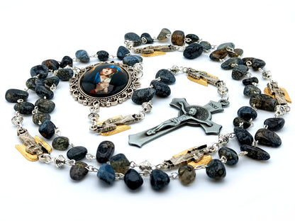 Our Lady of Sorrows unique rosary beads with quartz gemstone beads, pewter Saint Benedict crucifix, angel pater beads and large silver picture centre medal.