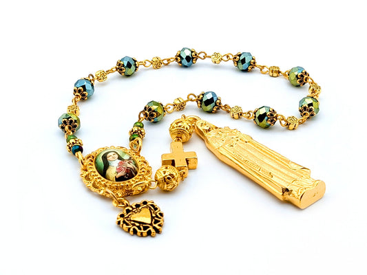 Saint Therese of Lisieux unique rosary beads single decade rosary with faceted green glass beads, golden statue medal, picture centre medal and pater bead.