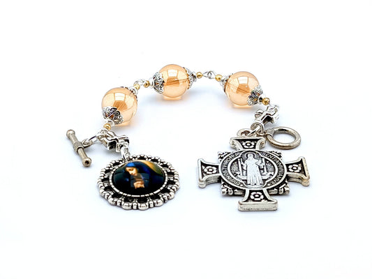 Saint Benedict cross unique rosary beads three hail Mary prayer chaplet with pale gold glass beads, silver Saint Benedict cross and Our Lady picture medal.