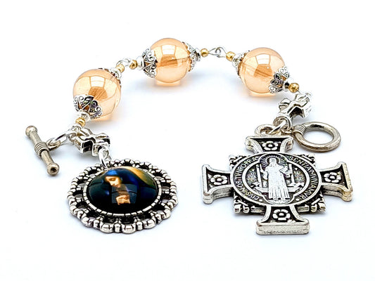 Saint Benedict cross unique rosary beads three hail Mary prayer chaplet with pale gold glass beads, silver Saint Benedict cross and Our Lady picture medal.