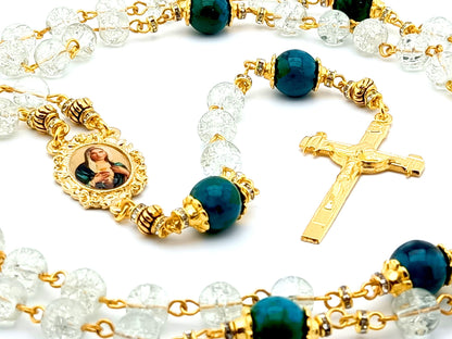 Immaculate Heart of Mary unique rosary beads with clear glass and chrysocolla gemstone beads, golden crucifix and picture centre medal.