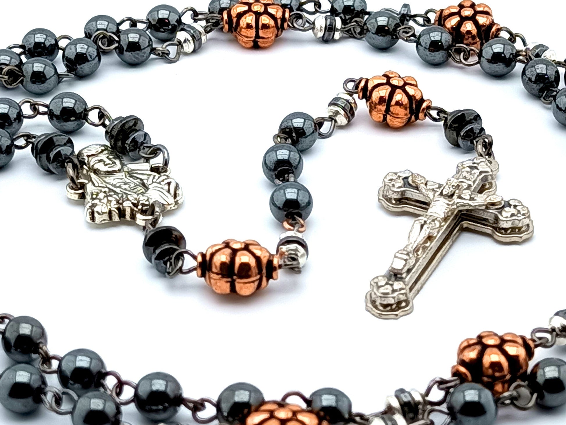 Saint Gabriel Possenti unique rosary beads with hemitite and copper beads, silver hearts crucifix and centre medal.