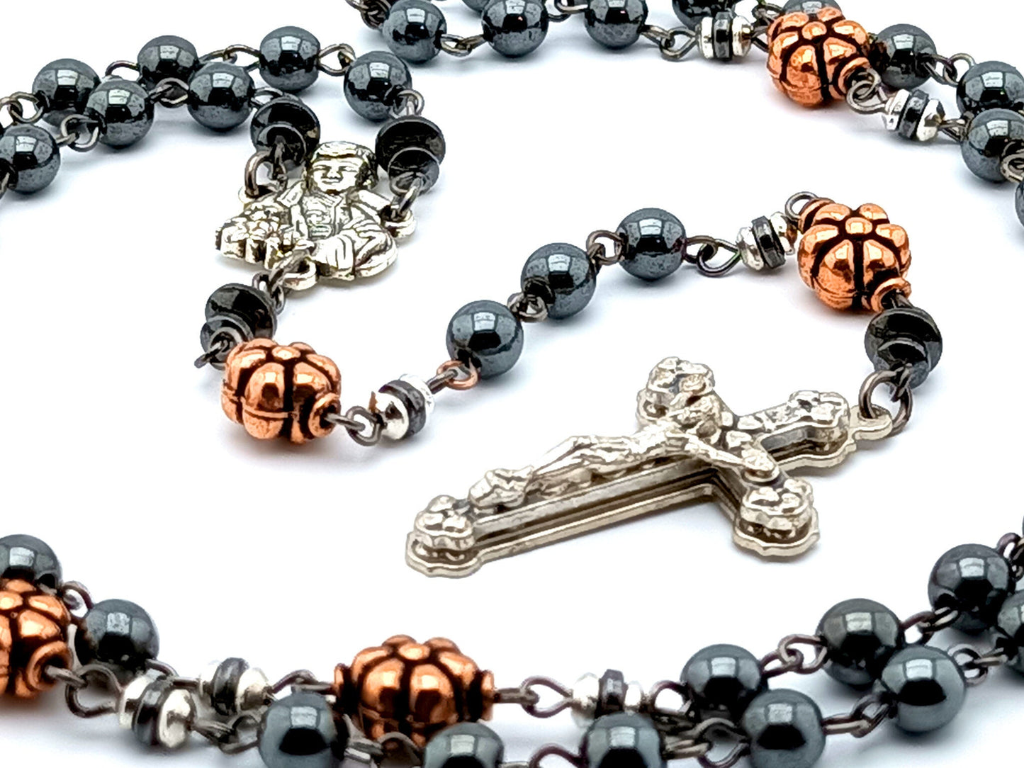 Saint Gabriel Possenti unique rosary beads with hemitite and copper beads, silver hearts crucifix and centre medal.