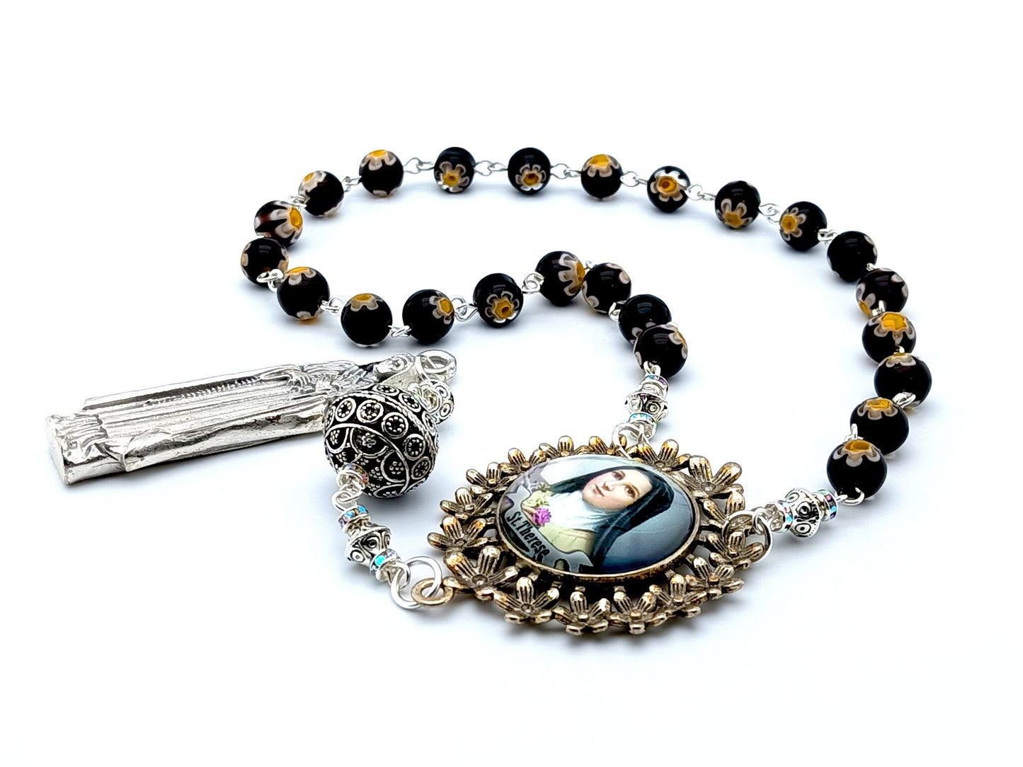 Saint Therese of Lisieux unique rosary beads prayer chaplet with flower glass beads, silver stature end medal and antiqued picture centre medal.